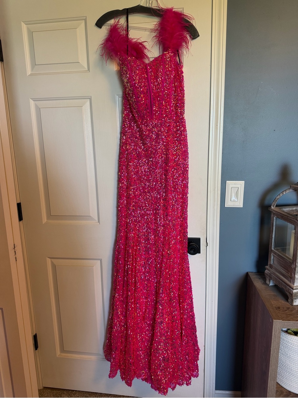Alyce Paris Fuchsia Sequin Gown with Feather Straps